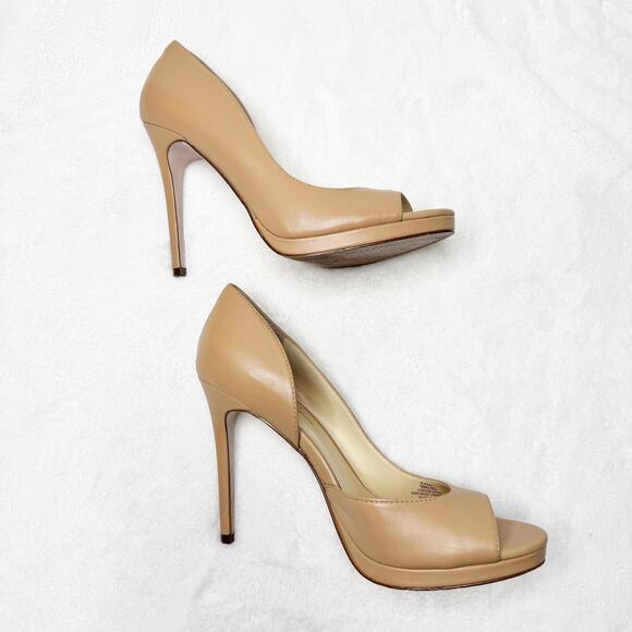 JESSICA SIMPSON Neutral Tan Leather Peep Toe Pumps High Heel Stiletto Shoes 9M - Picture 8 of 9
